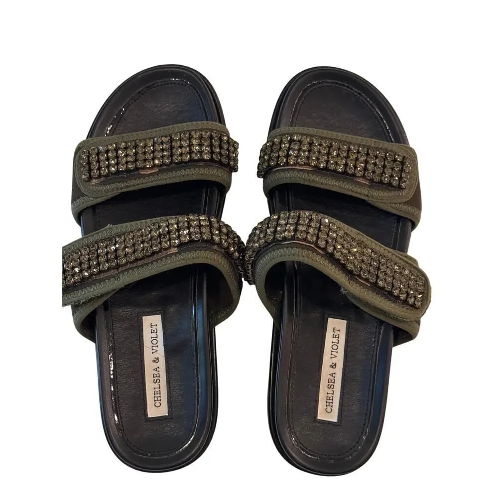 ✨Chelsea & Violet Rhinestone Embellished Camo Velcro Slide Sandals ✨ Size: 7.5